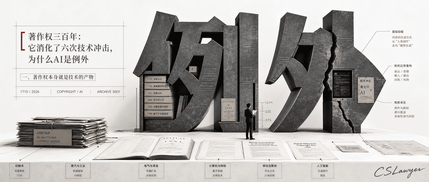 著作权三百年：它消化了六次技术冲击，为什么AI是例外封面图